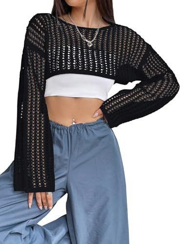 GORGLITTER Crop tröja damer stickad virkad topp långärmad virkad tröja vinter virkad topp höst virkad tröja stickade toppar stickad tröja Y2k outfit, svart, M