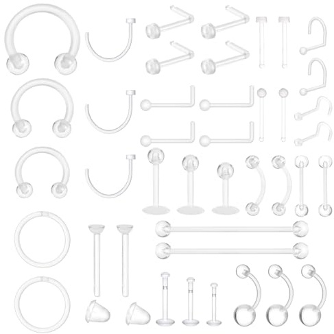 Yolev 37Pcs Clear Piercing Retainers Acrylic Clear Industrial Piercing Jewelry Nose Rings Studs Earring Retainers Plastic Nipple Piercings Eyebrow Lip Belly Earrings Tragus Cartilage Bar Jewelry