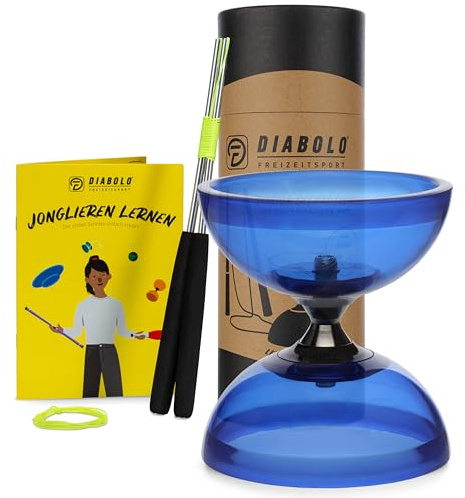 Juego de malabares profesional Diabolo Freizeitsport con diabolo con rodamientos (azul transparente), varillas de mano de aluminio, cuerda de repuesto (160 cm) e instrucciones impresas