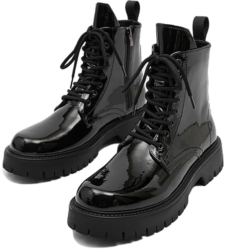 Men'S Black Patent Leather Platform Combat Boots Fashion Wide Toe Lace Up Side Zipper Sole Non-Slip High Top Motorcycle Boots Comfort Outdoor Casual Waterproof Chunky Heel Ankle Booties (Patent Leather,7)