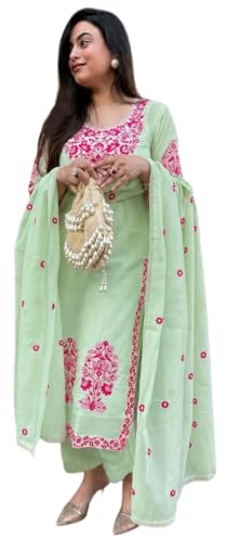 GoSriKi Kurta Set för kvinnor Viskos Broderade | Kurta Byxa Dupatta Set | Rak Kurti Set för kvinnor | Rund hals 3/4 ärm Etnisk kostym | Designer Indian Kurti outfit med byxor