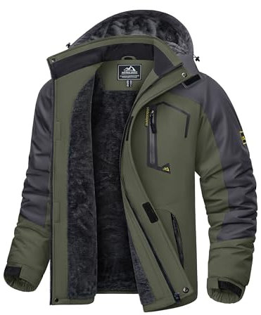 KEFITEVD Winterjacke Herren Skijacke mit Kapuze Warme Jacke Übergangsjacke Gefüttert Arbeitsjacke mit Multi Taschen Dicke Hardshelljacke Männer Kurz Parka Winter Dunkeloliv M