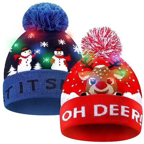Auniq Sombrero de Navidad de punto LED, 2 piezas de gorro de Navidad Gorro de invierno, nieve, vacaciones, para niños, hombres, mujeres, niños, niñas, festival de Navidad, fiesta de cumpleaños