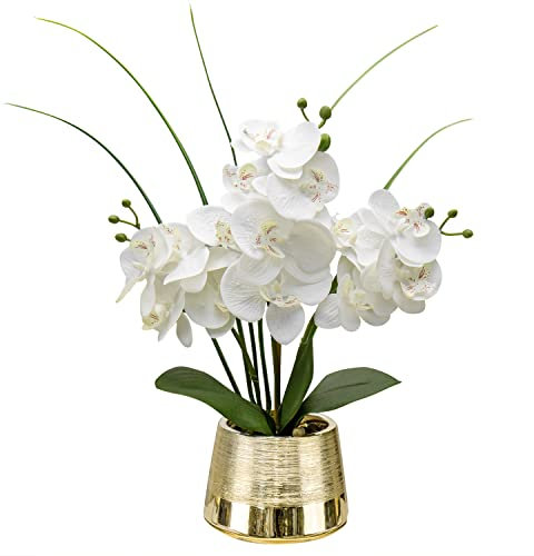 Oairse 40cm Artificial Orchid Flowers White Artificial Flower in Gold Ceramic Pots Real Touch Silk Phalaenopsis with 14 Flowers Fake Orchids Plant for Home Kitchen Bathroom Table Centerpiece Decor