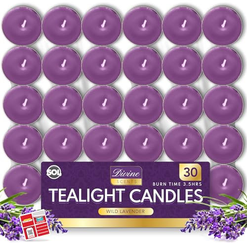 SOL 30pk Tea Light Candles Wild Lavenders – 3.5 Hour Burn Time, Scented Tea Lights Candles, Long-Lasting and Ideal Home Decor, Relaxation, Romantic Dinners, Weddings, Cosy Evenings & Special Occasion