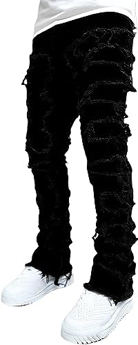 Pantalones Vaqueros Negros Apilados con Chanclas Rasgados y Rectos Harajuku Pantalones de Hip Hop Pantalones Vaqueros Delgados Estilo Punk Y2K Jeans de Baile Callejero (Negro,M)