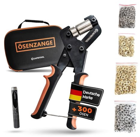 CAPRITOOL Ösenzange Set mit 300 Ösen 10mm – Edelstahl Ösenpresse für Planen mit Anti-Rutsch-Grip – inklusive Werkzeugtasche, Lochstanze & magnetischer Ösenstanzer – Rostfreie Planenösen & Ringösen