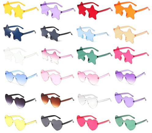 Abiyou 24 Pcs Occhiali da Sole a Cuore,Occhiali da Sole a Forma di Stella,Occhiali da Festa Hippie Senza Montatura,Occhiali a Forma Stella,per Utilizzato da Donne,Uomini,Ragazze e Ragazzi