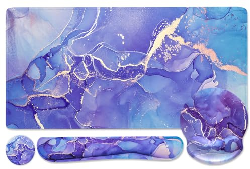 4-in-1 Gaming Mouse Pad Wrist Support Set，Desk Pad + Mouse Pad with Wrist Rest + Keyboard Wrist Rest + Coaster, Ergonomic Design for Home Office Study Game - Purple Marble