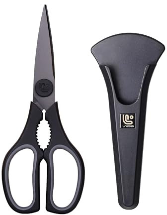 Linoroso Forbici da cucina con supporto magnetico - Forbici multifunzionali ultra affilate in acciaio inox per tagliare cibo, pollame, pesce, pollo, pizza, verdure ed erbe - nero