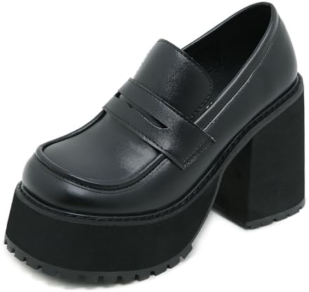 GooMaShoes Women's Comfortable Block Slip on Chunky Loafer Pumps, Kawaii Casual High Heel Platform Loafers Shoes, Classic Lug Sole Heeled Penny Loafers (UK Size 5.5, Black)