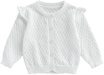 Geagodelia Newborn Baby Girls Knitted Cardigan Sweater Open Front Button Up Jumper Crew Neck Ruffled Long Sleeve Knitwear Summer Outerwear Clothes (White, 3-6 Months)