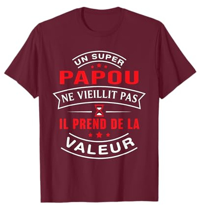 Papou cadeau PAPOU T-Shirt homme noir taille S mi-long manches côtelées col en forme de trou de serrure, imprimée lettre, humour, fête des Pères, anniversaire, Noël, coton, importé
