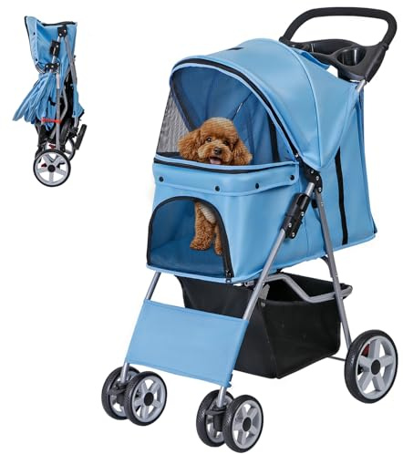 ZENY Foldable Pet Stroller, Cat/Dog Stroller with 4 Wheel, Pet Travel Carrier Strolling Cart with Storage Basket, Cup Holder (Blue)