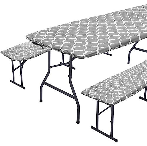 Elastische Abdeckung Bierzeltgarnitur 90x195cm Tischdecke Abwaschbar Schutzhülle PVC Bierbank Wachstuchtischdecke Spanntischdecke Gartentischdecke Tischdecke Bierzeltgarnitur (Asche)