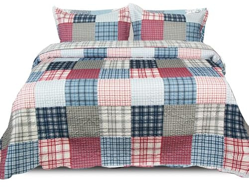Cozy Haven Quilt Patchwork Bedspread 3 Piece Set – Coverless Quilted Bedspread, Comforter Throw, Summer and All-Season Lightweight Bedding Sets, with 2 Pillow Sham - (Chic Grids, Double)