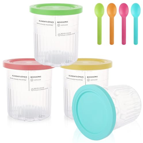 ASelected 4 Pcs Ice Cream Tubs for Ninja Creami Nc500 Nc501 UK Series, 24 oz/680ml Pint Containers with Lids and Spoons, Clear Containers for Ninja Ice Cream Maker