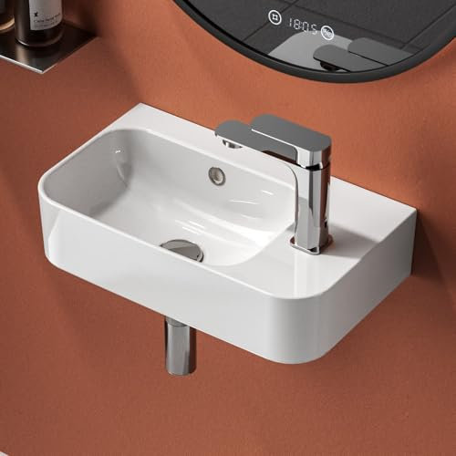 EMKE Waschbecken 45 x 26,5 x 15,5 cm, Waschbecken Klein, Handwaschbecken Weiß, Wasserhahn Rechts Wandmontage Hängewaschbecken für Gäste-WC und Badezimmer, Waschschale