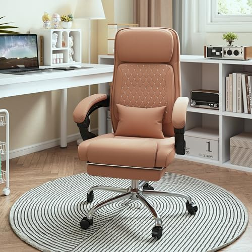 LXRADEO Chaise de Bureau Ergonomique, Fauteuil de Direction à Dossier Haut en Cuir PU avec Repose-Pieds, Chaise d’Ordinateur Inclinable 135° avec Soutien Lombaire, Jaune
