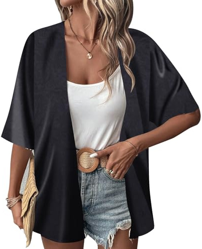 Risipu Kimono da donna in chiffon trasparente, con stampa ampia, per spiaggia, nuoto, cardigan, mantelle, camicetta, top, Nero , L