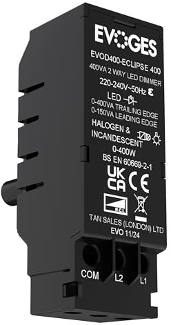 Evoges EVOD400 400VA 2 Way Push On Push Off Replacement LED Dimmer Module Switch (150VA Leading Edge & 400VA Trailing Edge Dimmer)