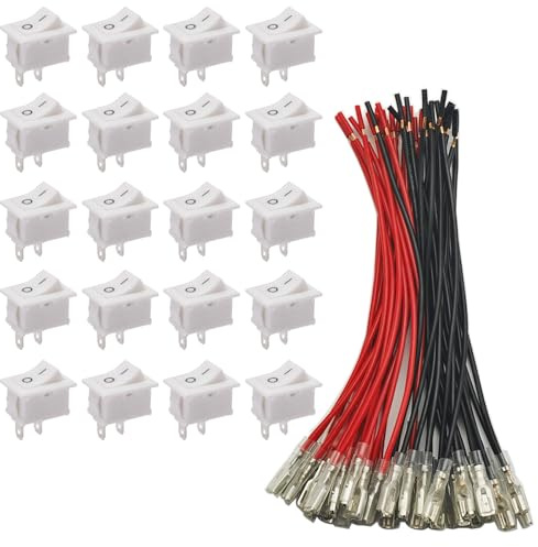 GTIWUNG 20 Pièces On/Off Interrupteur Bascule avec Fil 15CM 20AWG, Mini Bateau Commutateur KCD1 Bouton Poussoir Interrupteur à Bascule pour Voiture Auto Bateau appareils ménagers, Blanc, 15mm*21mm