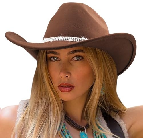 DRESHOW Sombrero Vaquero Occidental Para Mujeres y Hombres con la Piedra del Rin de Fieltro Sombrero Fedora Vaquera Clásico con Cinturón de Hebilla