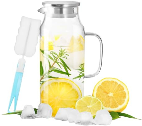 Brocca in vetro borosilicato da 1,5 litri, con coperchio, per tè freddo, acqua calda, bevande fredde, vino, caffè, latte e succhi di frutta, include spazzola con manico lungo
