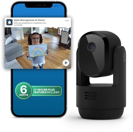 Arlo Essential Indoor Pan Tilt Security Camera 2K (2025 Release) + 6 Months of Secure Plus Plan - Wired Plug-in Power, Person Recognition, Animal Detection, Auto Motion Tracking, 1 Cam, Black
