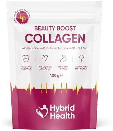 Hybrid Health Collagen Supplements for Women – Beauty Boost Collagen Powder Supporting Skin, Hair & Nails | with Biotin, Vitamin C, Hyaluronic Acid, Vitamin D3 + K2 & Zinc for Womens Health