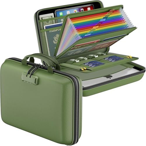DocSafe Fireproof File Organiser with 13 Pocket File Folder Green | Hard Case Document Box,Portable,Waterproof,Document Organiser with Lock,for Home,Office A4 Documents,Bill,Receipt