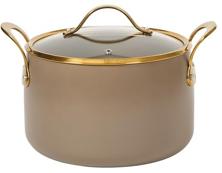 Bloomhouse - Two Time Oprah's Favorite Things Winner - 8 Quart Stock Pot w/Lid – PFAS-Free Ceramic Nonstick Dutch Oven Heavy Duty Aluminum Oven Safe Dishwasher Safe Cappuccino Cream w/Gold Handles