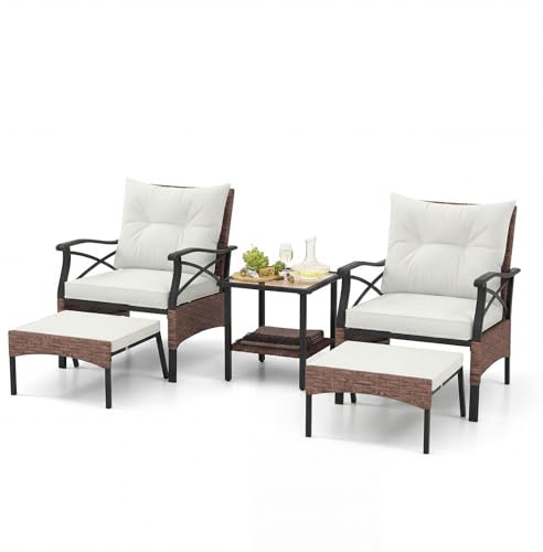 COSTWAY Set di 5 Mobili da Giardino in Rattan, Set Mobili da Esterno con Sedie Poggiapiedi Cuscini e Tavolino in Vetro Temperato a 2 Livelli, Set Conversazione per Portico e Balcone (Beige)