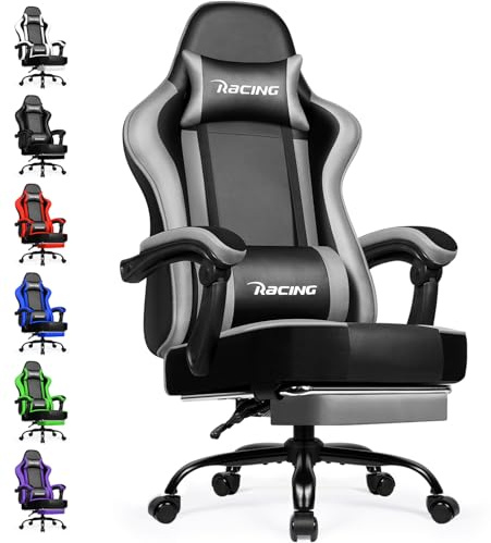 minnouat Gaming Stuhl Ergonomischer mit Fußstütze, Gaming Chair 150 kg Belastbarkeit, Gamer Stuhl aus Kunstleder, Höhenverstellbarer PC Zockerstuhl Bürostuhl für Jugendliche Erwachsene, Grau