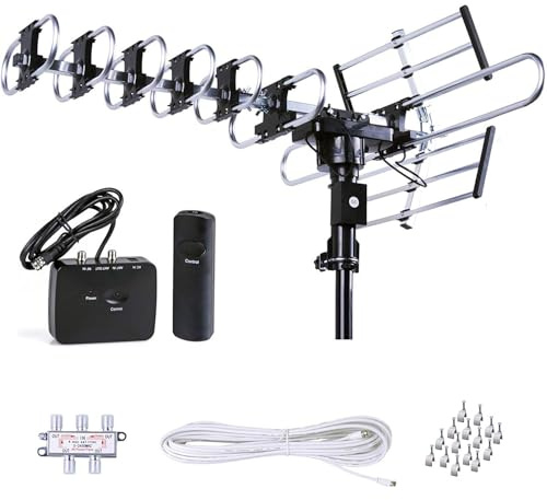 Five Star Outdoor HD TV Antenna Strongest Up to 200 Miles Long Range with Motorized 360 Degree Rotation, UHF/VHF/FM Radio with Infrared Remote Control Advanced Design Plus Installation Kit