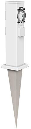 ledscom.de Colonna da giardino Polly con picchetto a terra per esterni, IP44, 3 vie con timer/timer, acciaio inox, quadrata, bianca, 38cm