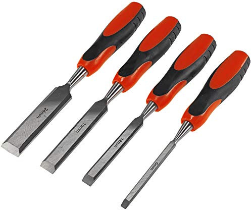Stechbeitel Set 4 Größen 6, 12, 18, 24mm CRV Holzmeißel Set für Arbeiten mit Holz, Schnitzerei, Zimmerei, Tischlerei