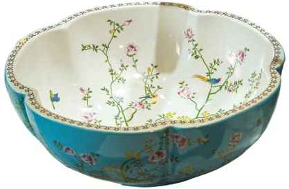 Blue Bathroom Vessel Sinks Ceramic Countertop Jingdezhen Art Flower Shape Wash Basin with Flower and Bird Design,1 Sink Only
