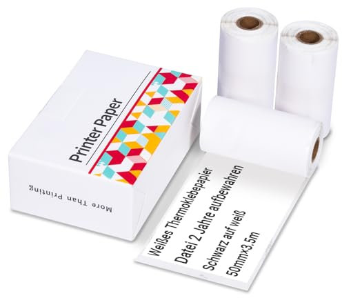 T02 weißes Thermopapier, Weißes selbstklebendes Druckerpapier, kompatibel mit allen T02 Thermo-Taschenfotodruckern, schwarz auf weißem Papier für Tagebuchfotos, 50 mm x 3,5 m, 3 Rollen