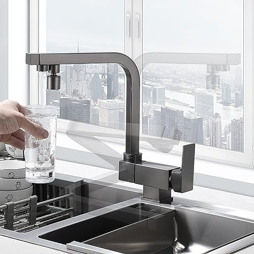 SJQKA 3-Wege Vorfenster Küchenarmatur, Klappbar Messing, Sprudel Wasserhahn Küche Vorfenstermontage (Grau)