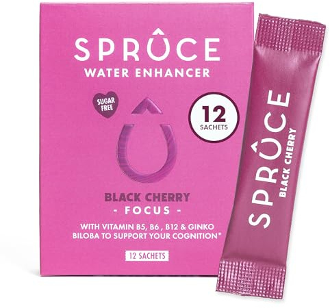 Sugar-Free, Low Calorie Water Enhancer With Ginkgo Biloba – Antioxidant – Supports Cognition, Focus & Memory, Hydration Powder With Vitamins & Minerals - Black Cherry, 12 Sachets
