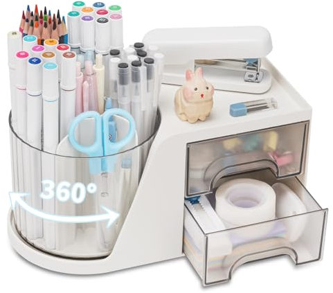 RISEMART Drehbarer Schreibtischorganizer mit 2 Schubladen, Stifthalter für Schreibtisch, Schreibtischorganizer und Aufbewahrung mit 4 Fächern + Schublade für Büro-, Heim- und Kunstbedarf.