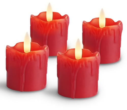 Rhytsing Uppsättning av 4 röda flamlösa votivljus äkta vax droppande design, LED falskt batteridrivna värmeljus med timer för jul och advent, batterier ingår - D 5 cm