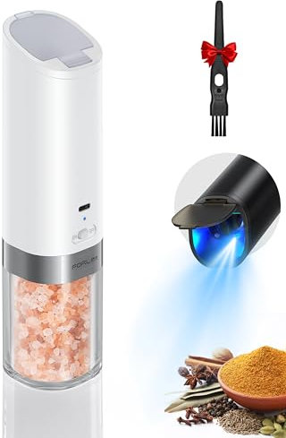 FORLIM Macinapepe elettrico per sale e pepe, funzionamento automatico con una sola mano, ricaricabile tramite USB, grana regolabile, dotato di tappo antipolvere fisso, confezione da 1