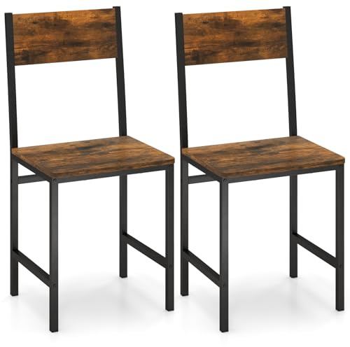 COSTWAY Dining Chairs Set of 2, Metal Frame Kitchen Chairs with Slanted Backrest, Wide Seat & Non-slip Footpads, Industrial Dinner Side Stools for Living Dining Room, Rustic Brown