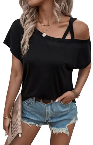 Rayson T-Shirt à Manches Courtes pour Femme DéContracté Chemises Top Licou à Une éPaule Col Rond Pull Over