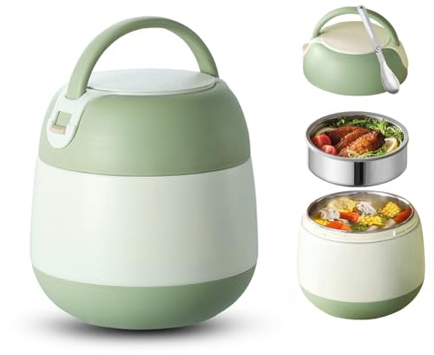 Nikou Fiambrera térmica de acero inoxidable de 1,2 l, con cuchara, portátil, para alimentos, térmica, para sopas, avenas, comidas (verde)