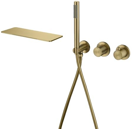 Grifo Bañera,Grifo para bañera Cascada,con 2 modos de chorro, repisa de almacenaje, ducha de mano, flexo antienredos de 1,5 m, grifo mezclador de pared,Grifo de ducha de 2 funciones (Oro cepillado)