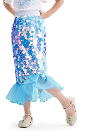 Miipat Flickkjol, paljetter, barn, sjöjungfrukjolar med foder med elastisk midja, glitter, sjöjungfrustjärtkjol, för liten flicka, födelsedag, strandfest, Färg: blå, 7-8 �r