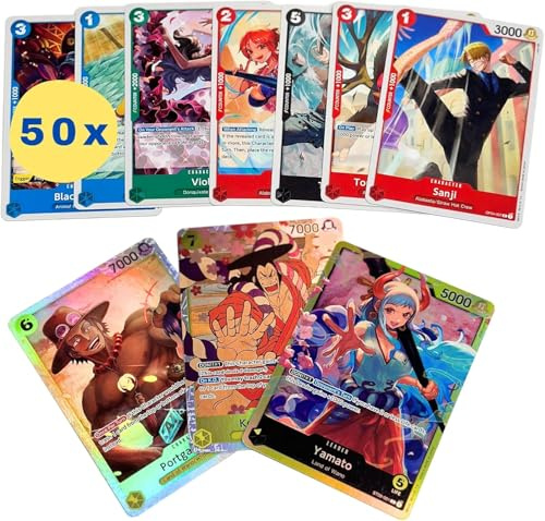 50 cartas de One Piece - Inglés | Más 1 carta rara garantizada | Juego de cartas coleccionables con ilustraciones épicas | Perfecto para fans de One Piece TCG | Con protección de envío de HeartGlobal